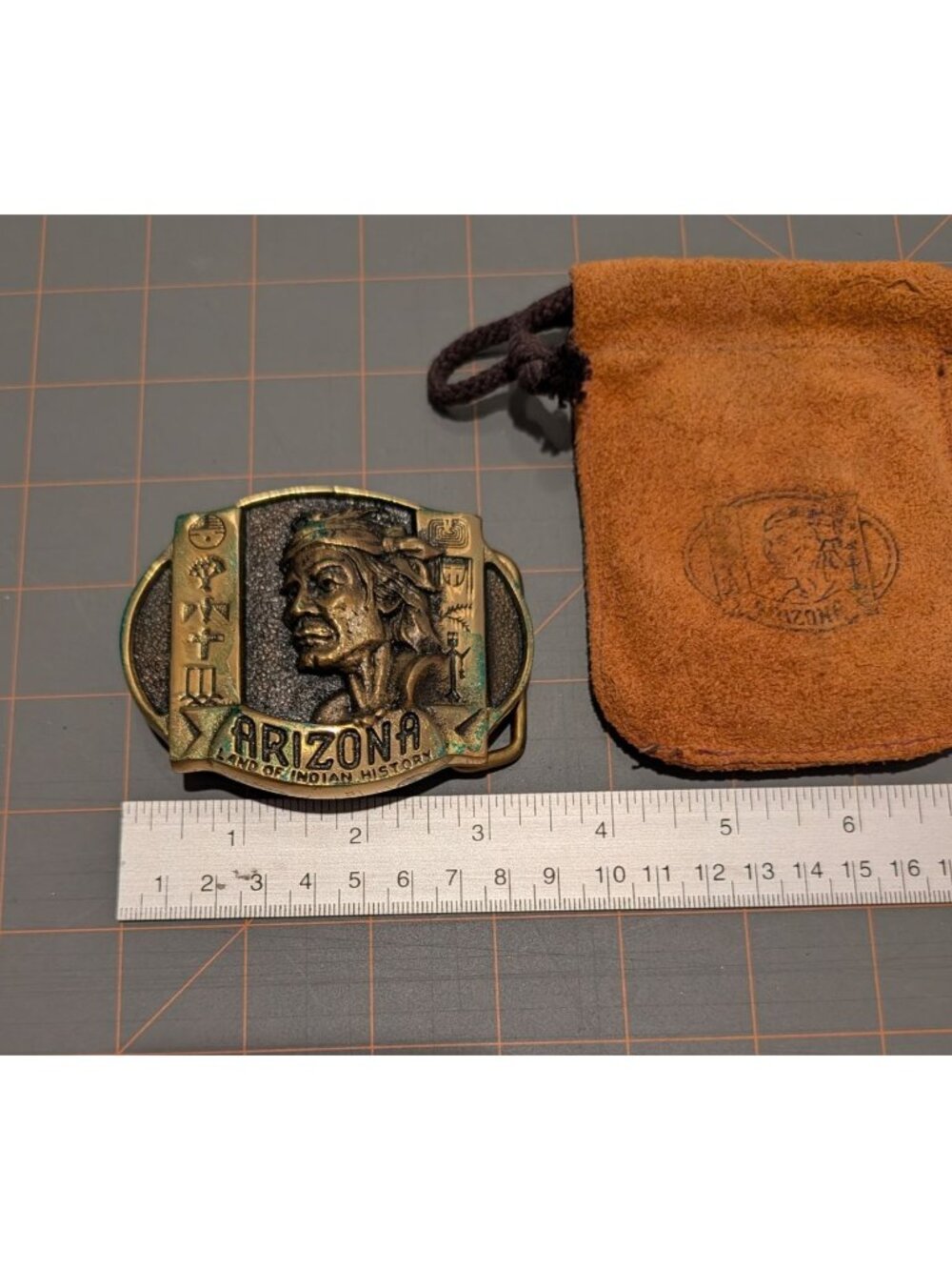 Vintage Arizona Solid Brass Belt Buckle Native American Design Suede Pouch - Picture 7 of 13